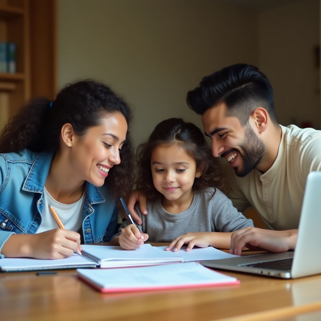 Una familia joven planificando su presupuesto