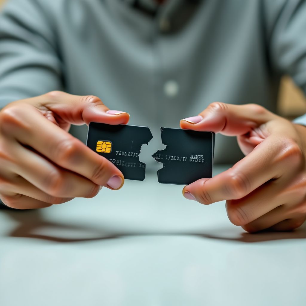 Manos rompiendo una tarjeta de crédito sobre un escritorio